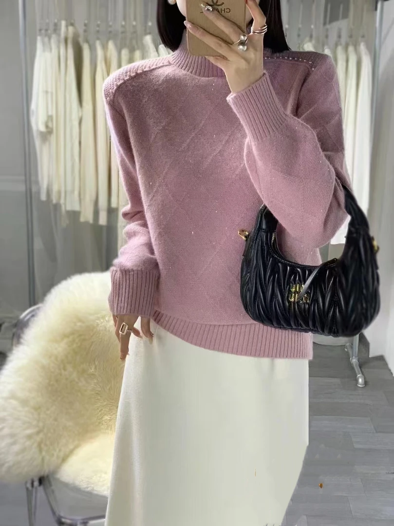 冬季新款菱形格纯色钉珠设计感毛衣女半高领打底衫