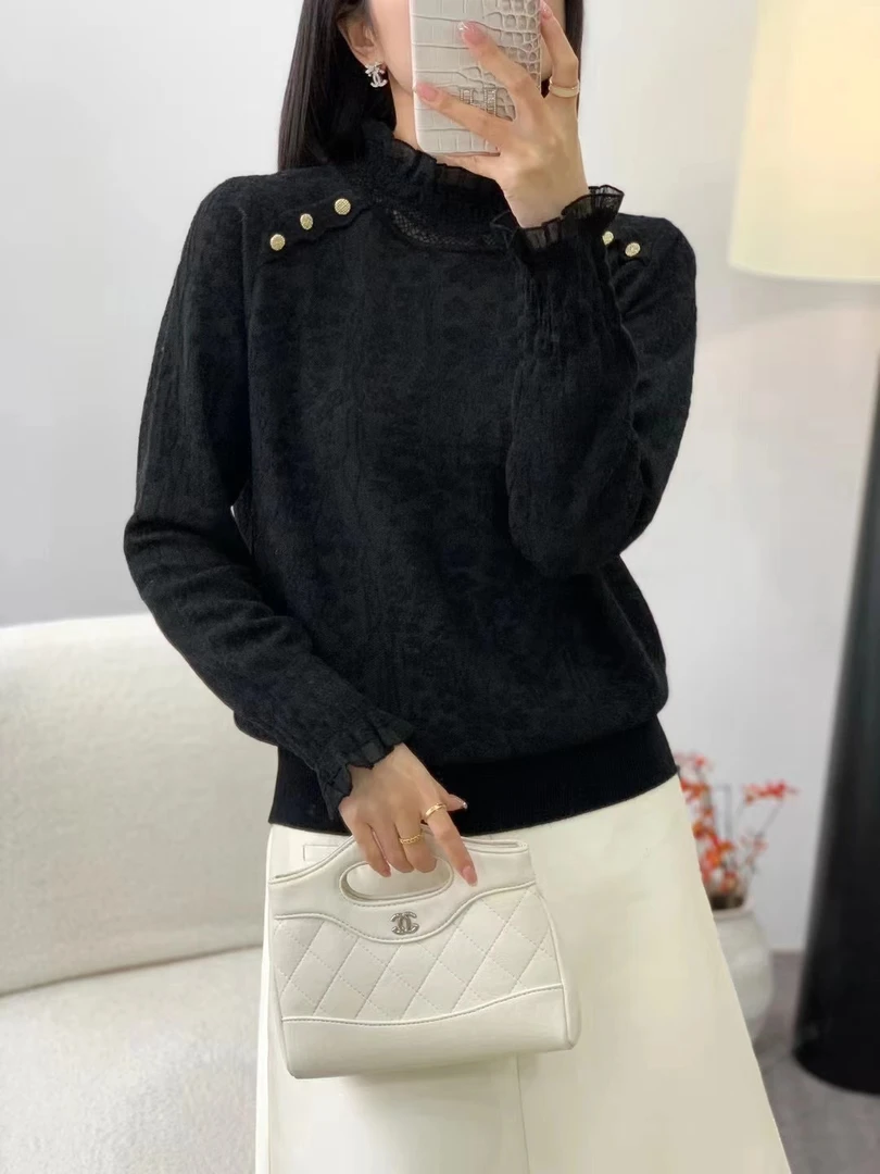 2024年秋冬新款半高领蕾丝打底衫女士长袖高级感时尚内搭针织衫