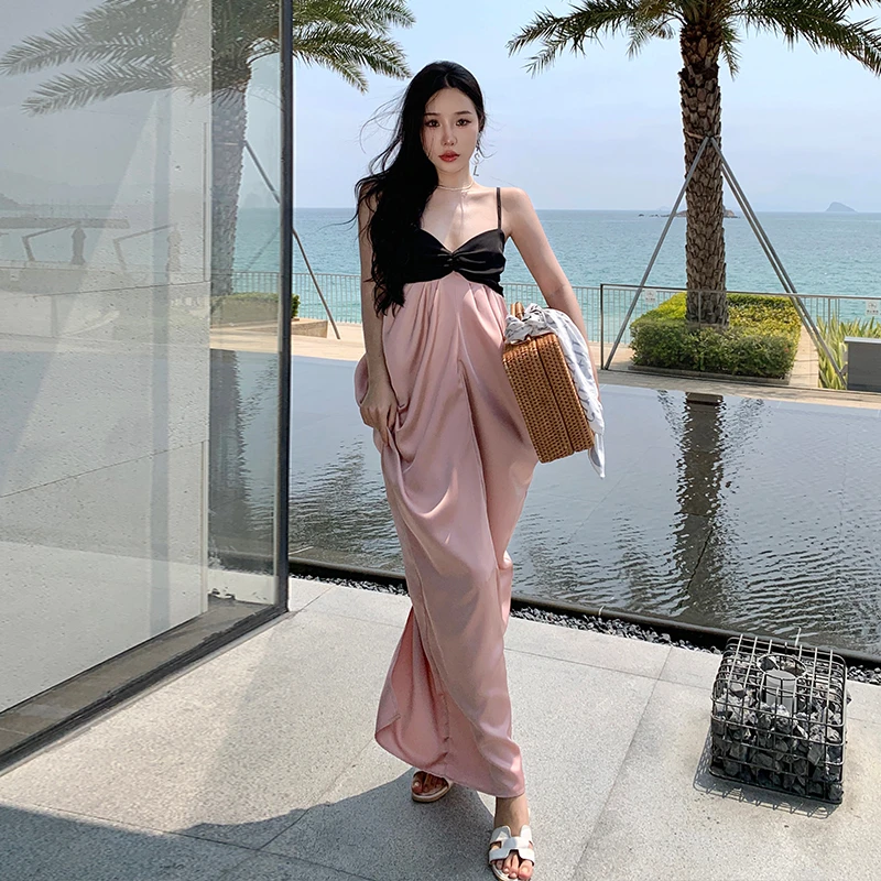 法式高腰连衣裙夏 ins高级感撞色茶歇法式气质花苞吊带裙长裙小众