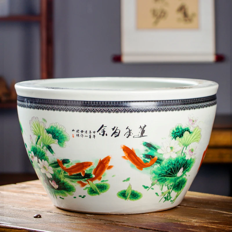 连年有余锦鲤荷花图案景德镇高温陶瓷缸