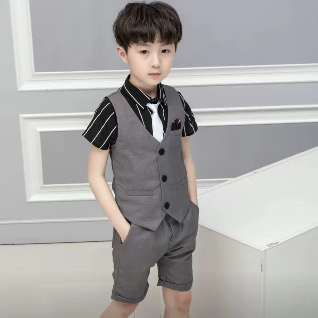 男童英伦风走秀韩版花童生日主持帅气男孩表演马甲短裤衬衫三件套