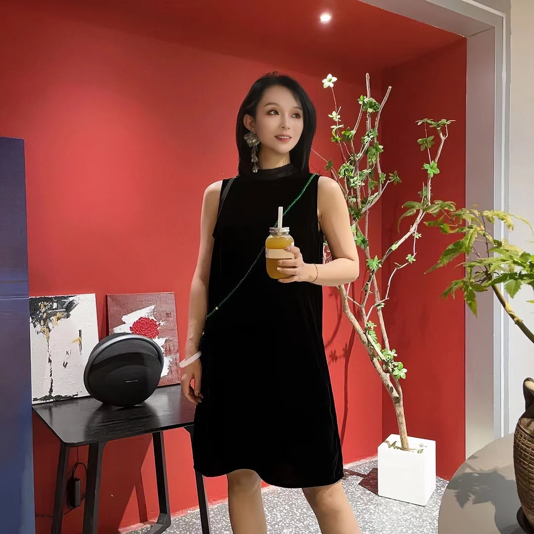 【漫语】夏季爆款轻奢桑蚕丝丝绒圆领飘带设计新中式国风连衣裙