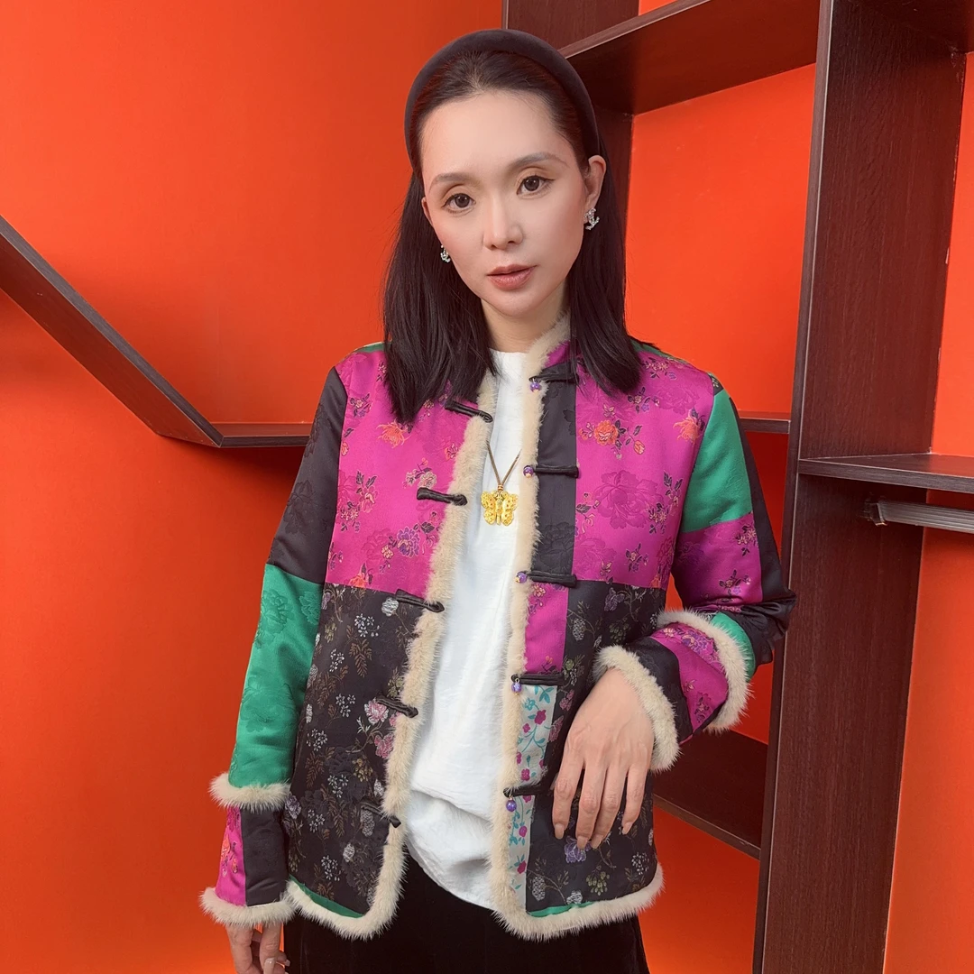 （五彩斑斓）秋冬加棉款拼接色固色晕染气质时尚国风女装外套