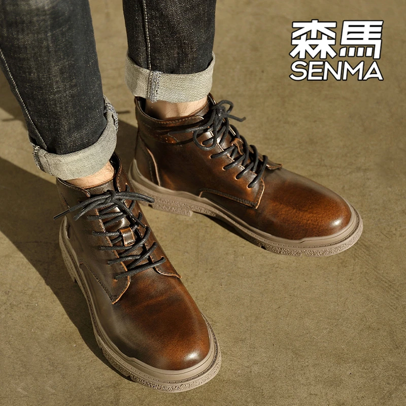 SENMA/森马马丁靴男英伦风厚底中帮短靴工装皮靴韩版休闲加绒高帮