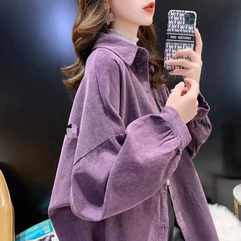 灯芯绒外套长袖春季日系ulzzang迷鬼马系少女慵懒2024宽松衬衫女