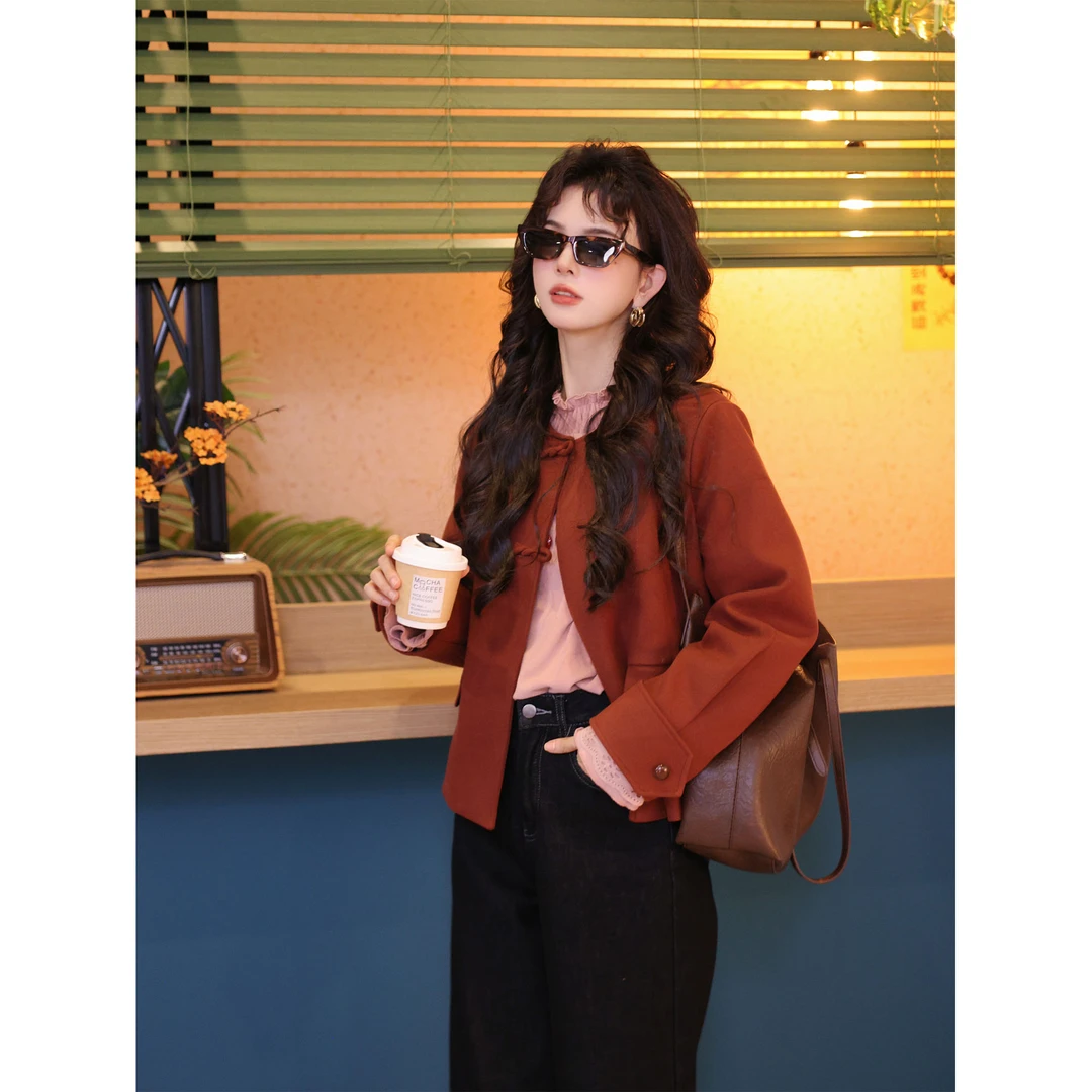 陈佳洁【深海珊瑚】港风复古秋冬毛呢休闲女百搭外套JN1203094