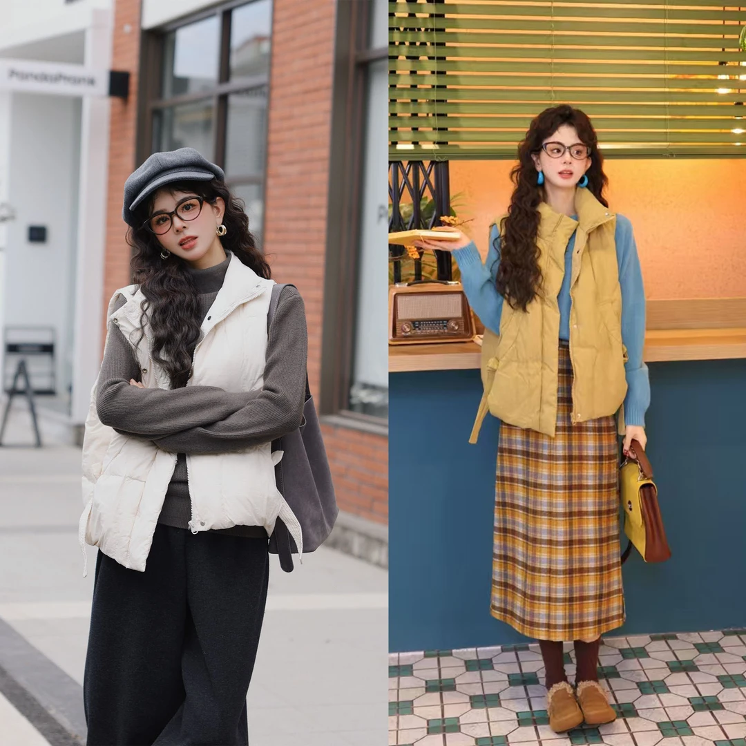 陈佳洁【玉桂融雪】港风复古纯色无袖羽绒显瘦百搭马甲JC1988043