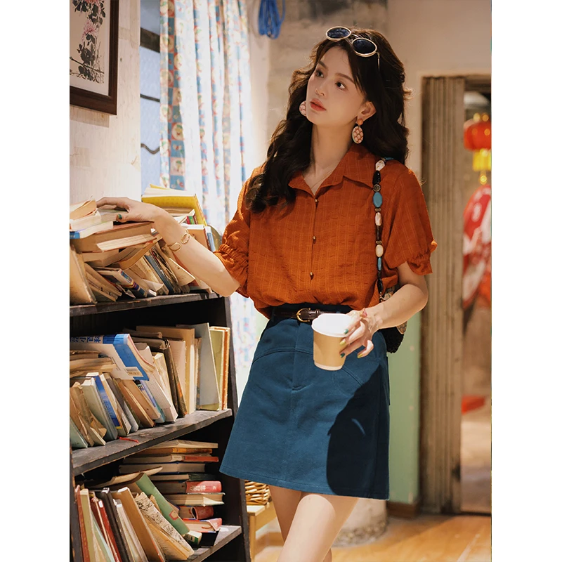 陈佳洁【枫叶书签】港风复古条纹短袖衬衫女宽松显瘦上衣JU0724178