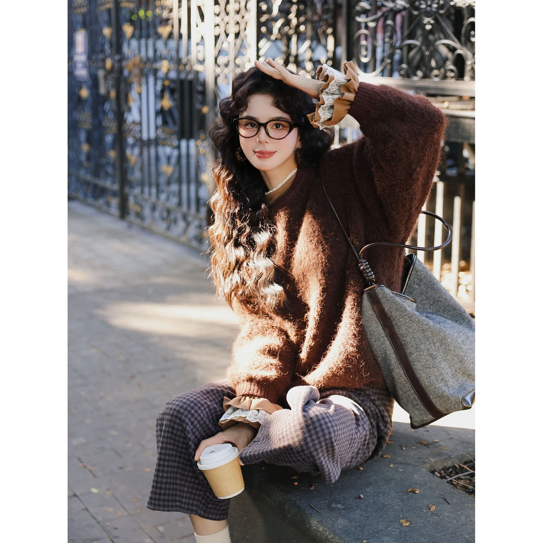 红人上新陈佳洁【松林漫步】复古纯色针织套头毛衣上衣JC1988182