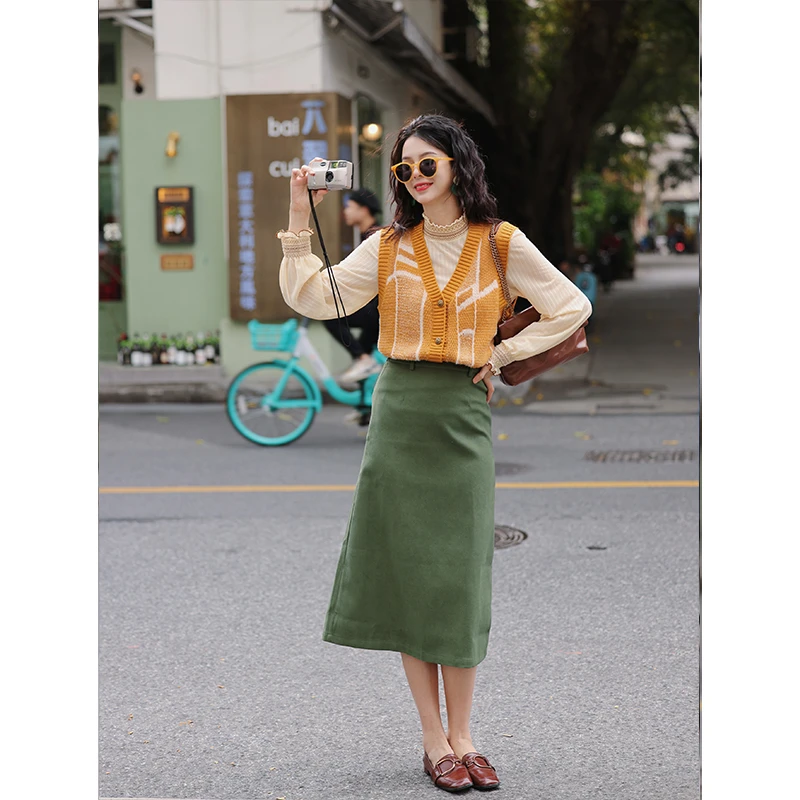 陈佳洁【浅苏薄荷】港风复古中长款半身裙女高腰百搭裙子JM092303