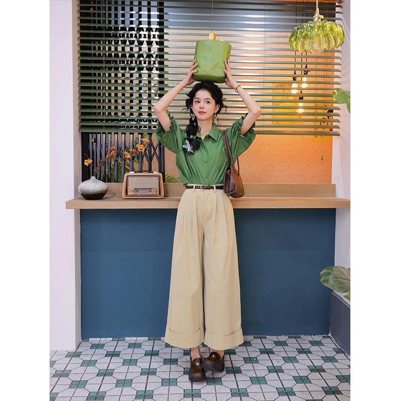 陈佳洁【凉城有信】港风复古纯色休闲长裤女高腰百搭裤子JC0724032