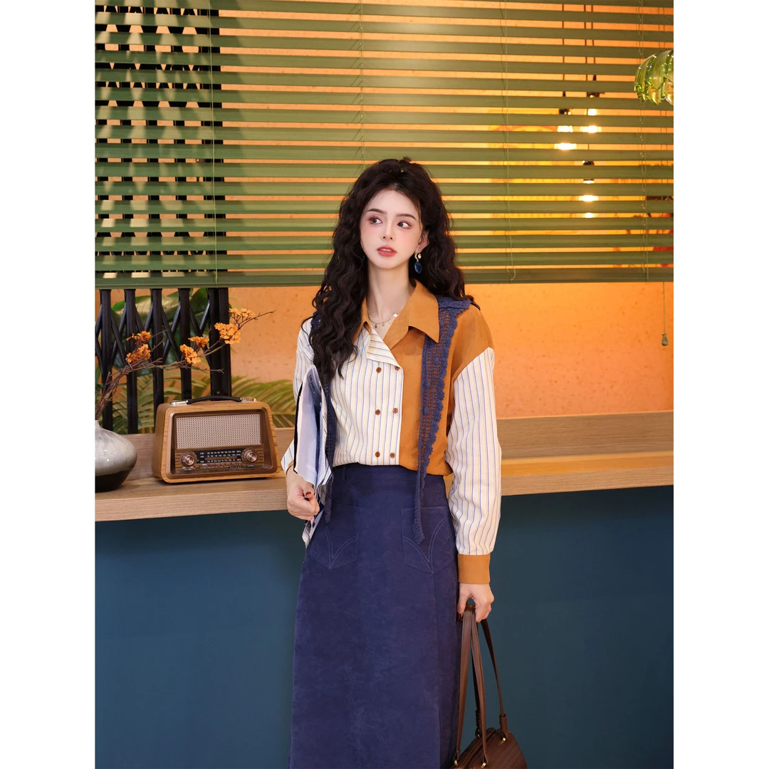 陈佳洁【橘子汽水】港风复古条纹长袖衬衫女宽松百搭上衣JN0924489