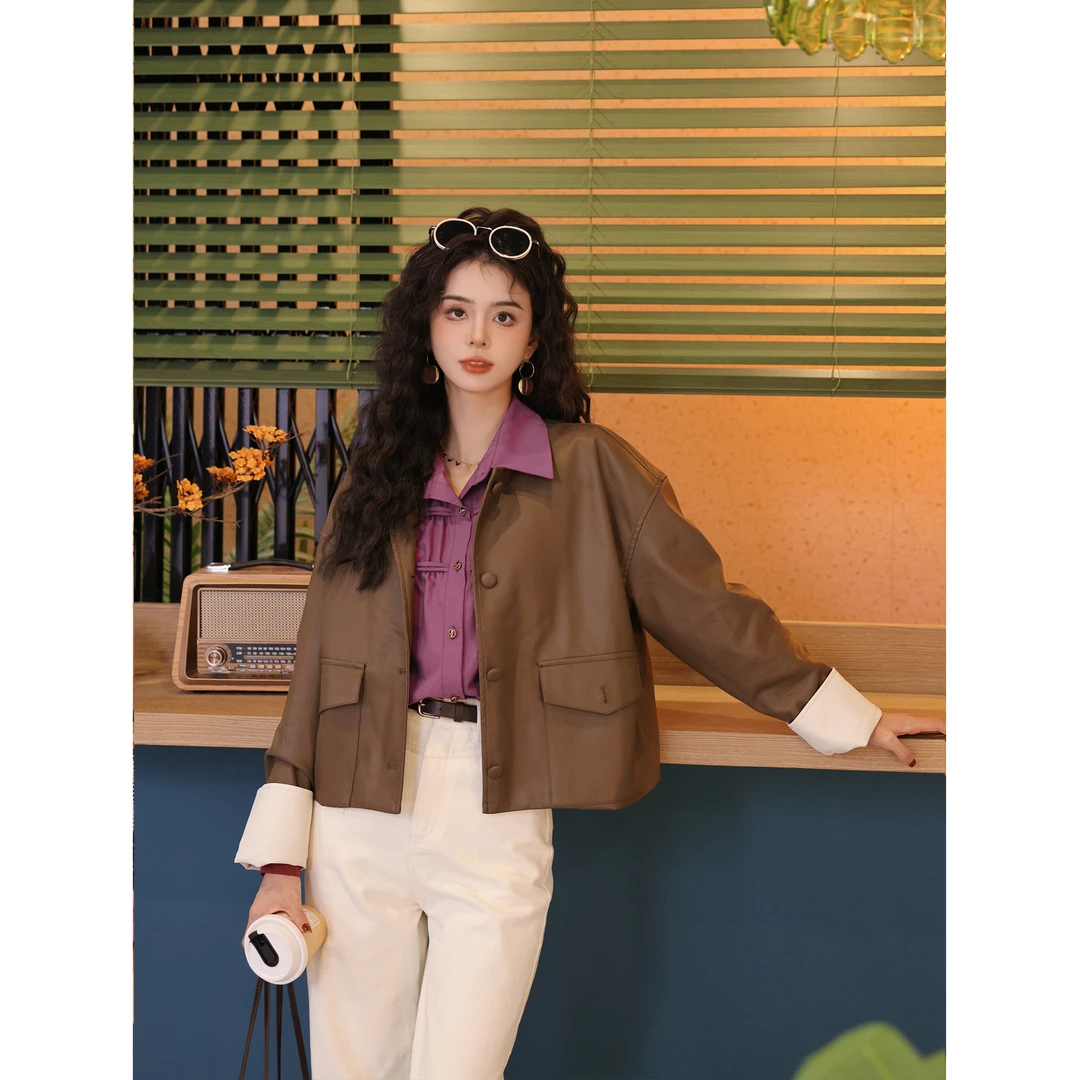 陈佳洁【初秋恋】港风复古纯色长袖皮衣外套春秋上衣女JA072809#