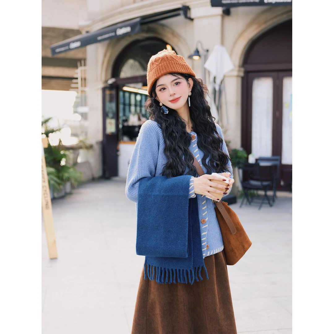 陈佳洁【清泉石上】港风复古拼色开衫针织宽松毛衣上衣JA1999096