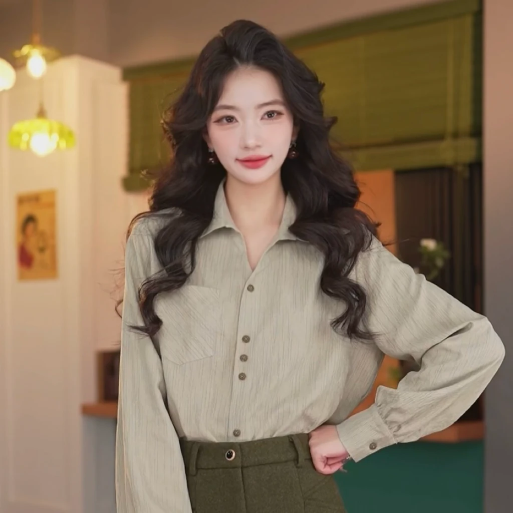 丁佳欣【秋思】港风复古纯色衬衫女宽松显瘦上衣JK0725046
