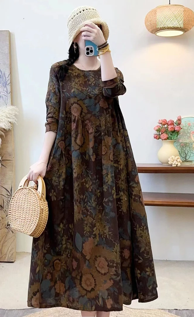 《金相喜》2025春秋季新款棉麻女装碎花长袖时尚气质显瘦连衣裙