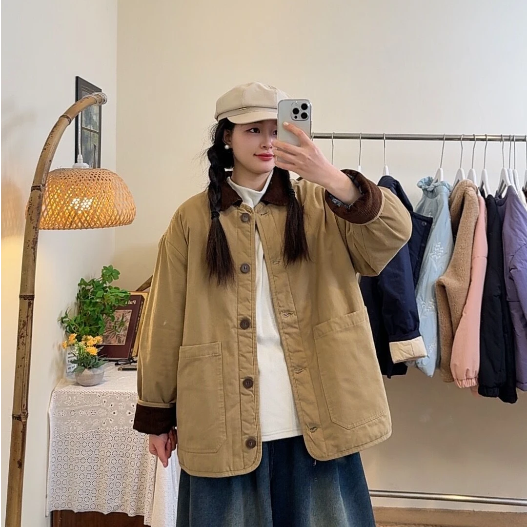 日韩系上衣【领子袖口灯芯绒撞色全棉外套女】