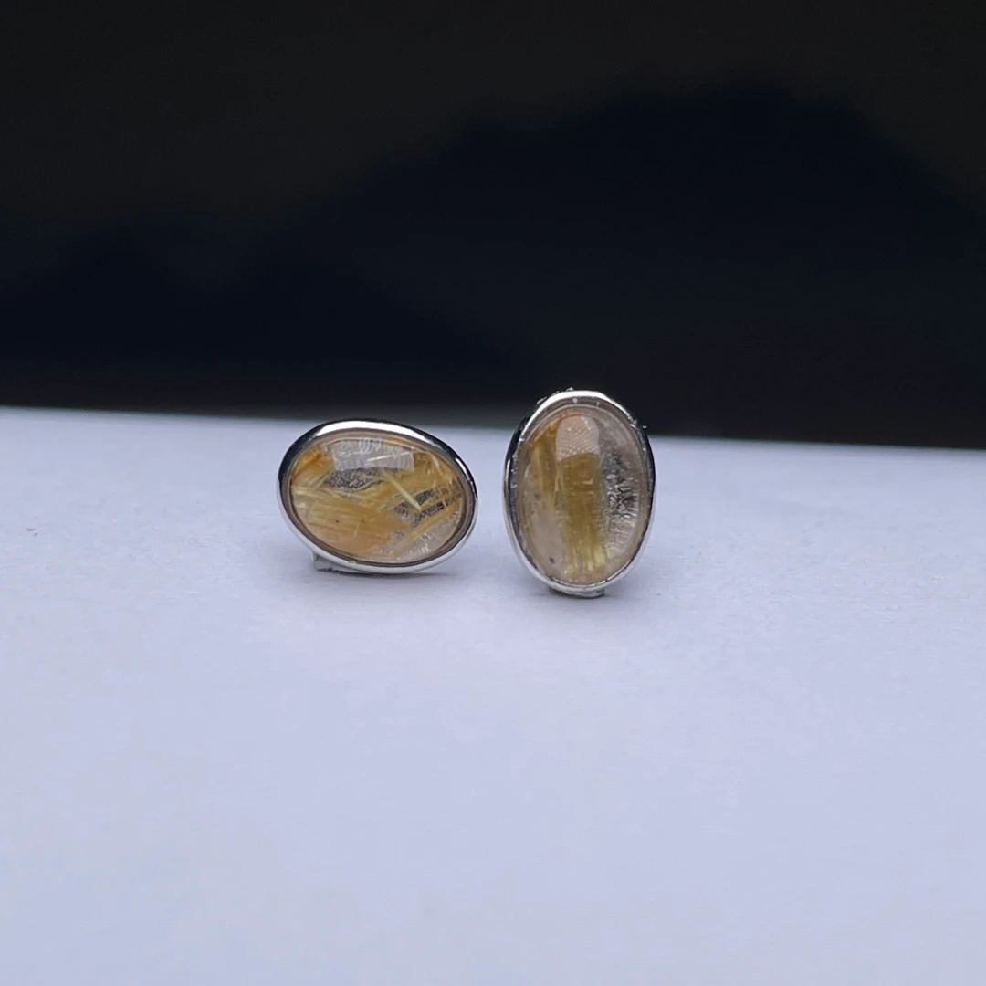 钛金金发耳钉天然水晶发晶耳钉925银（8*6）多样性发其一TJ903