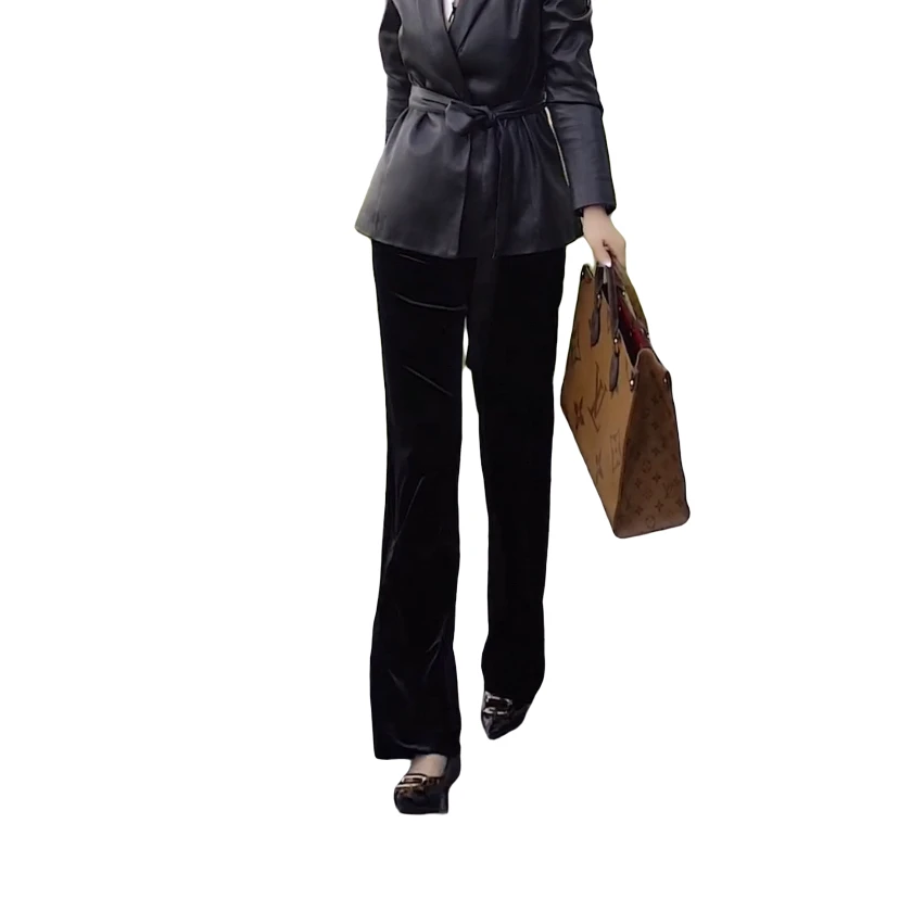 春季新款气质通勤百搭黑色丝绒中高腰直筒阔腿长裤时尚显瘦