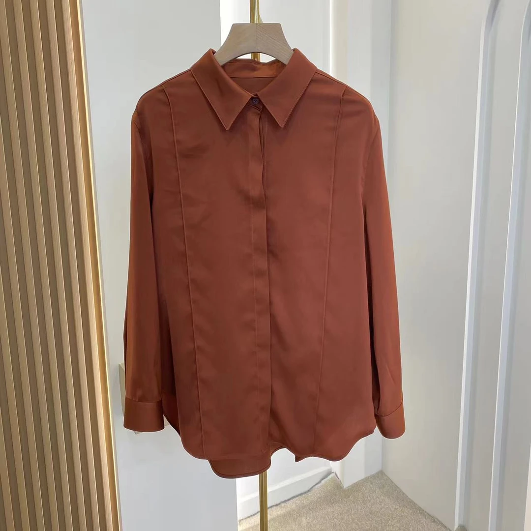 春季新款时尚气质纯色铜氨丝简约长袖衬衫女士上衣休闲百搭