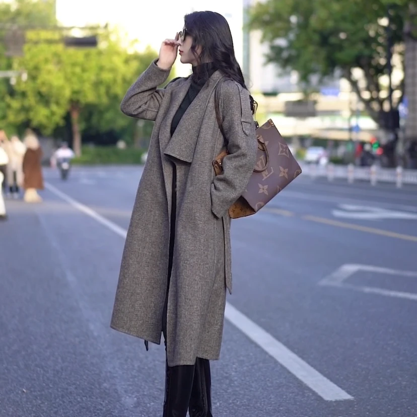 2023年秋冬新款气质百搭百分百双面羊毛手缝大衣外套中长款女时尚