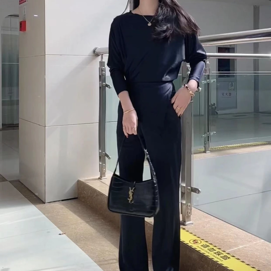 2023春秋季新款气质高端轻奢醋酸深海蓝长袖时尚套装女上档次女装