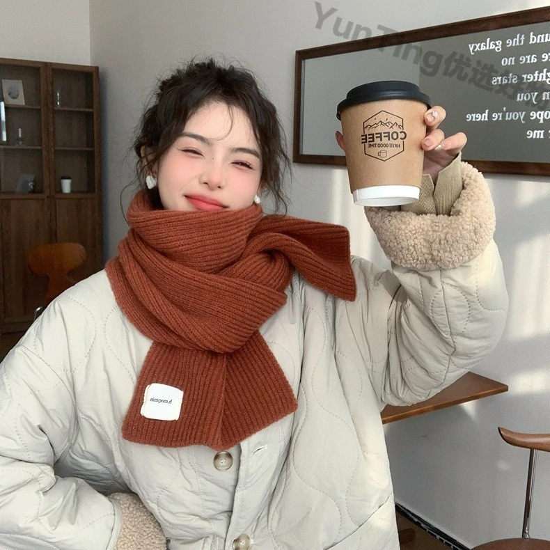 保暖高级感冬季纯色小围巾百搭毛线针织围脖护颈情侣款羊毛韩版女