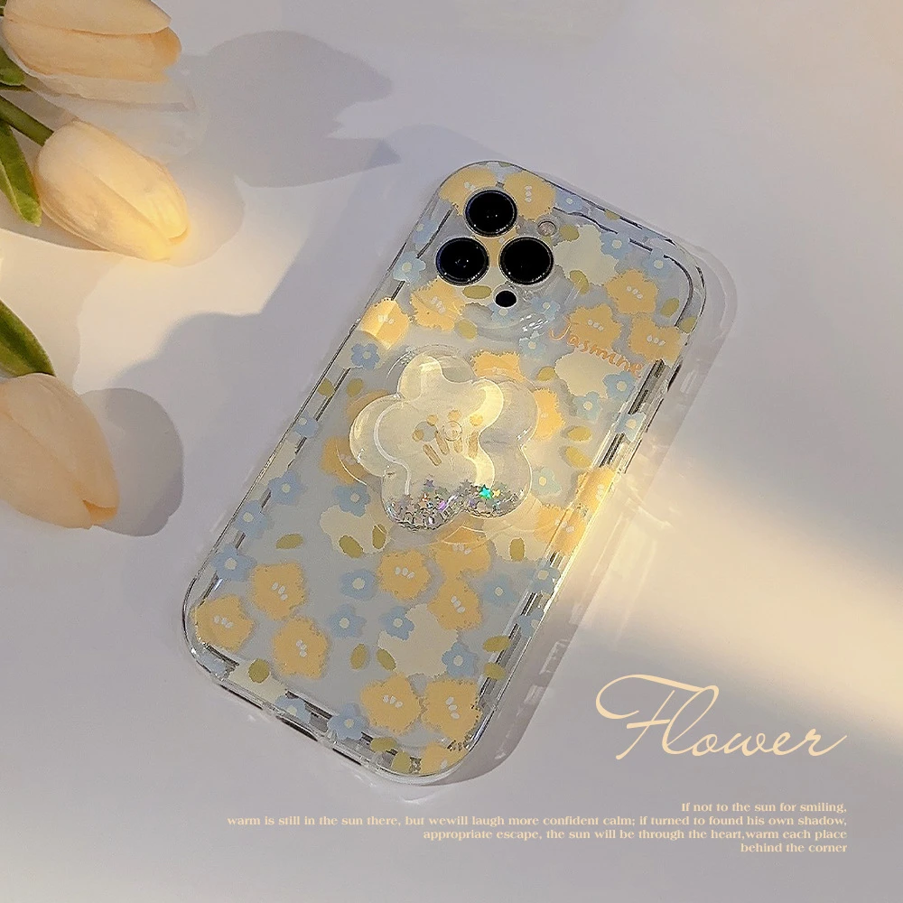 日韩碎花适用iphone14透明苹果15promax手机壳带支架小清新立体13
