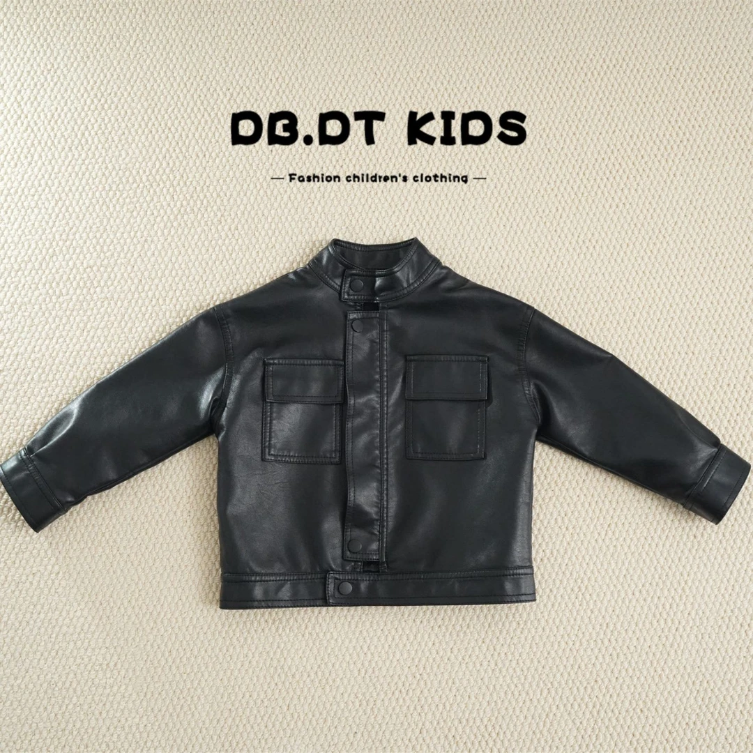 【现货】中大童皮衣外套春秋款儿童立领款上衣宝宝帅气机车夹克洋气