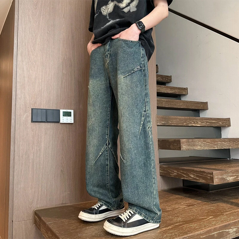 男士休闲大码美式水洗拼接牛仔裤青少年百搭复古直筒裤春秋韩版男