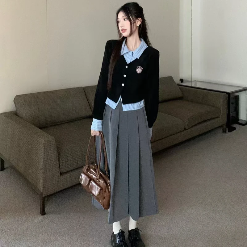 新款小众POLO衬衫学院风针织衬衫拼接百褶裙两件套装【配腰带】百搭