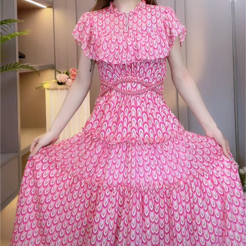 【如花似锦】时尚碎花显瘦高腰气质夏季洋气收腰长款连衣裙-H