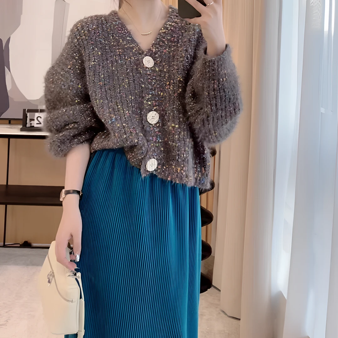 复古外套女2023新款慵懒风宽松显瘦V领百搭针织开衫上衣 彩点毛衣