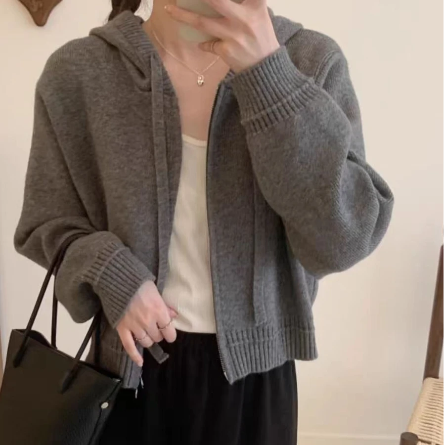 【小丽吖】韩系灰色双拉链连帽针织衫秋冬季设计感慵懒短款毛衣外套