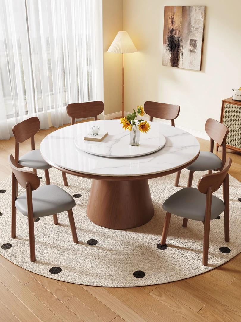 实木餐桌圆桌圆形餐厅美式轻奢新中式家用转盘桌子意式饭桌美式12