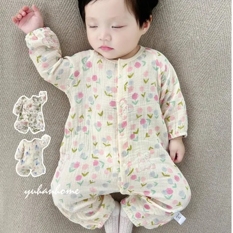 婴儿连体衣春秋儿童a类长袖薄款新生儿纱布爬服哈衣宝宝连体睡衣