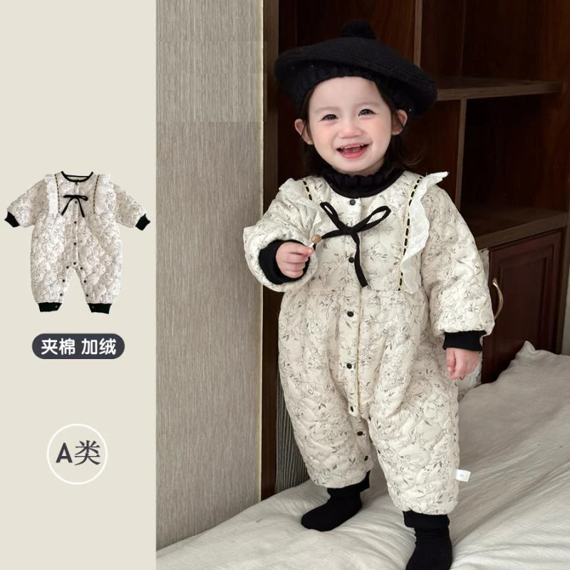 婴儿衣服冬装连体衣女宝宝碎花洋气夹棉加厚爬服保暖棉衣外出服