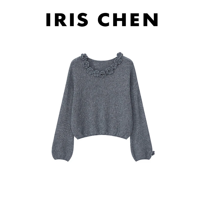 IRIS CHEN 画廊 2024秋冬新款绵羊毛山羊绒天丝花朵针织衫24SY578