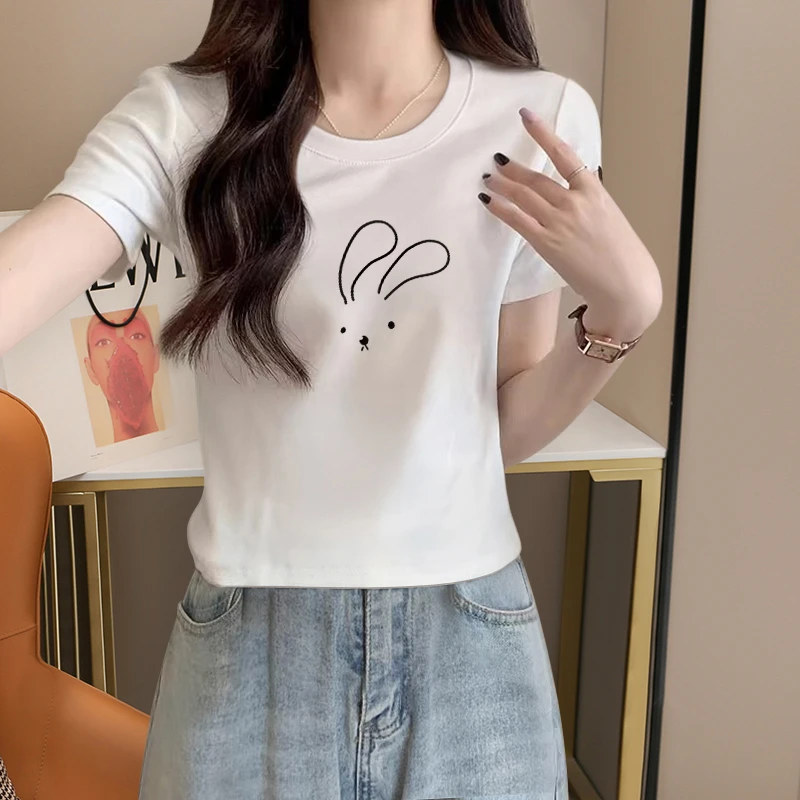正肩短款别致短袖T恤女2024夏季新款圆领打底衫时尚体恤白色上衣