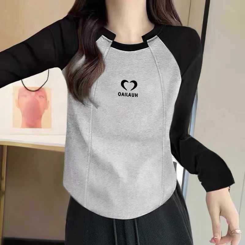 春秋长袖打底衫拼色打底秋衣女2025新款圆领插肩t恤修身长袖上衣