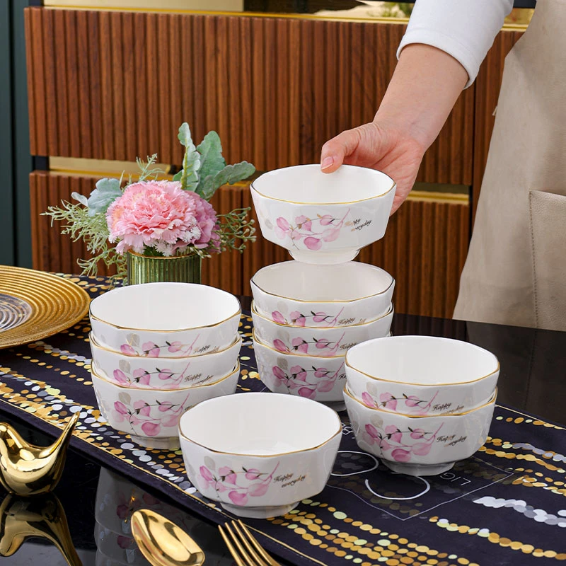 粉色情怀4.5英寸米饭碗10只装金边描金钻石碗奢华家用高档餐具