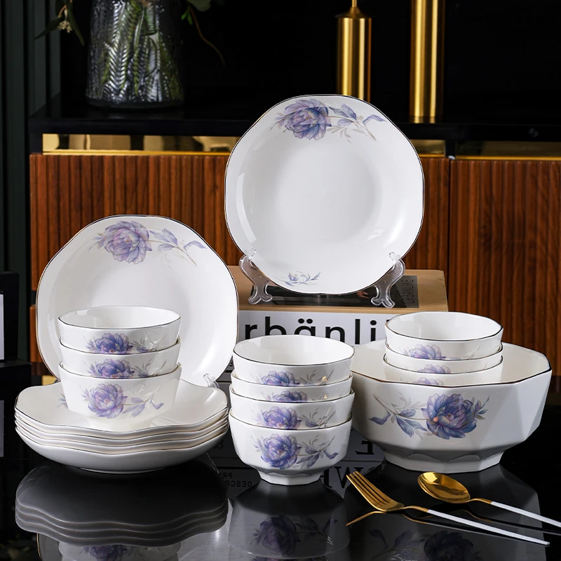 蓝色妖姬18件套轻奢高档家用简约中式欧式描金骨瓷碗WY