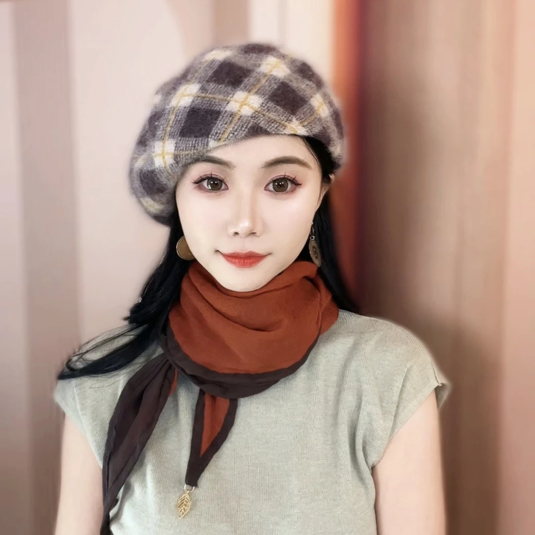 恒源祥安哥拉兔毛羊毛贝雷帽子女休闲百搭文艺提花画家帽贝雷帽