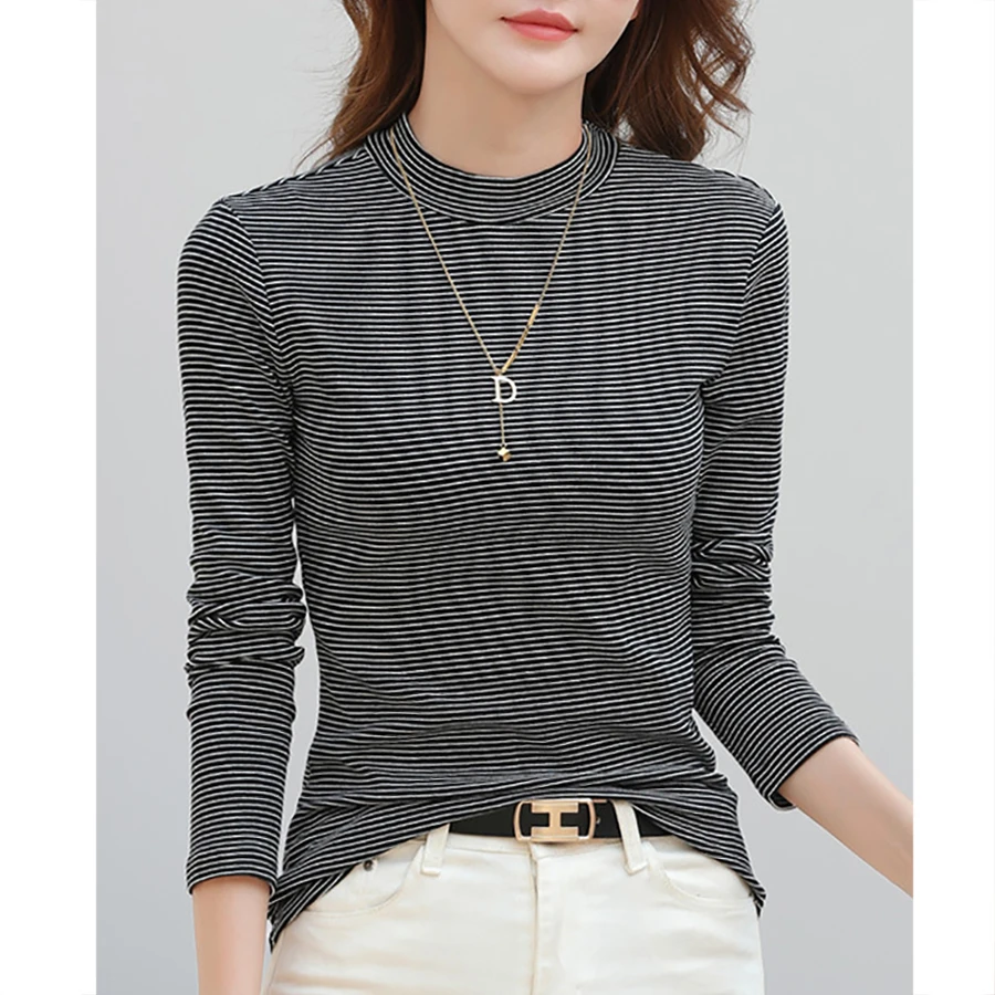 24年秋装条纹打底衫女半高领弹力显瘦上衣长袖内搭上衣