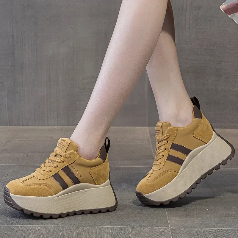 头层牛皮增高8cm厚底阿甘鞋女2025秋季新款松糕内增高休闲老爹鞋i