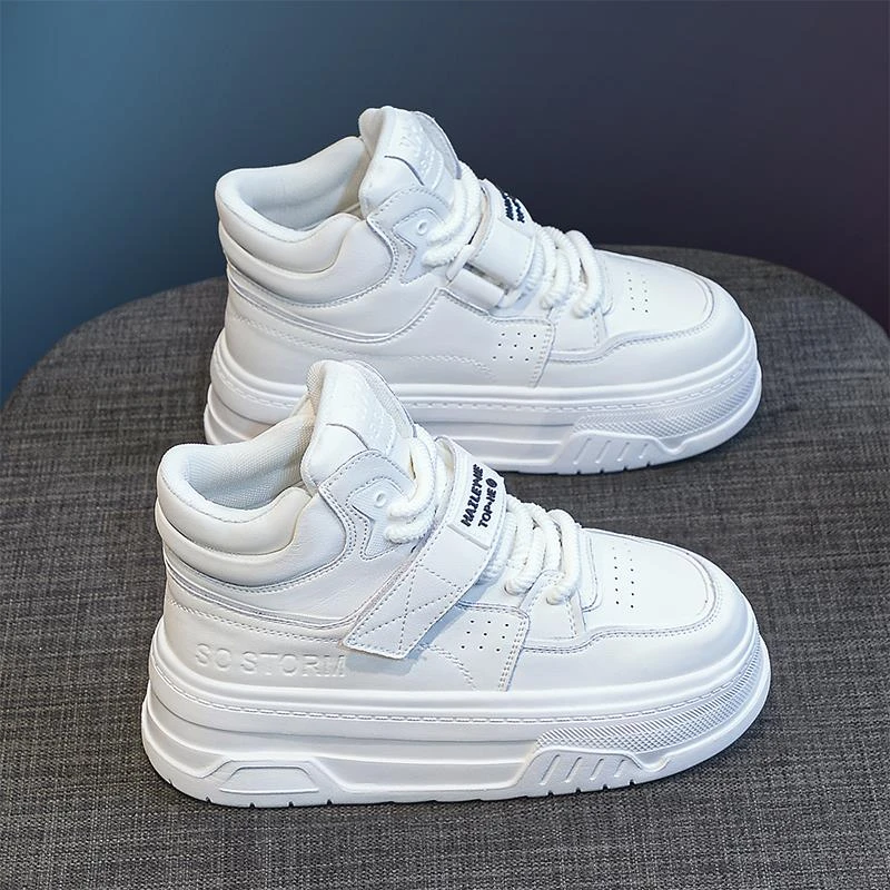 万达撤柜头层牛皮高帮小白鞋女2025年秋冬加绒休闲厚底加绒运动鞋