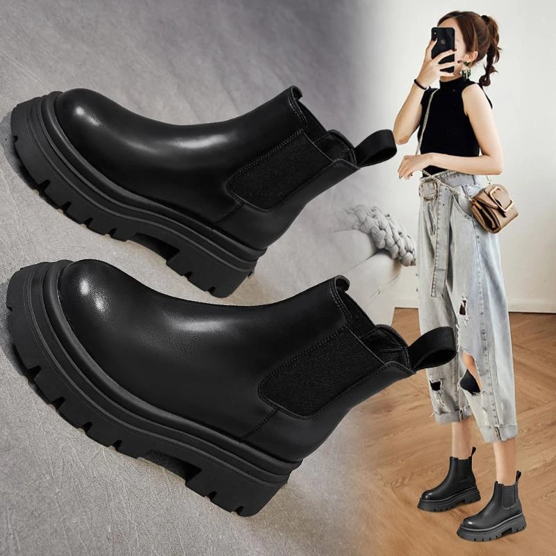 万达撤柜头层牛皮厚底马丁靴女2025秋冬切尔西烟筒英伦风松糕短靴