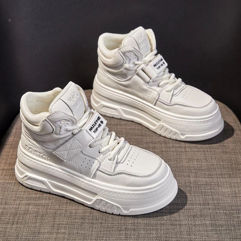 万达撤柜头层牛皮高帮小白鞋女2025秋季增高厚底松糕运动休闲板鞋