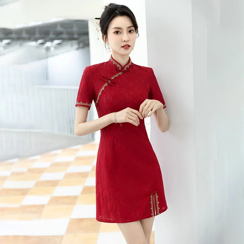 红色旗袍女夏季2025新款复古改良修身小个子短款高考送考旗开得胜