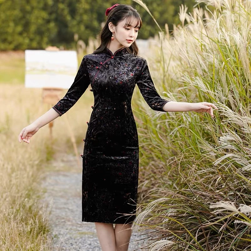 黑色旗袍新款年轻款少女改良版连衣裙长袖复古中国风女装春秋季潮